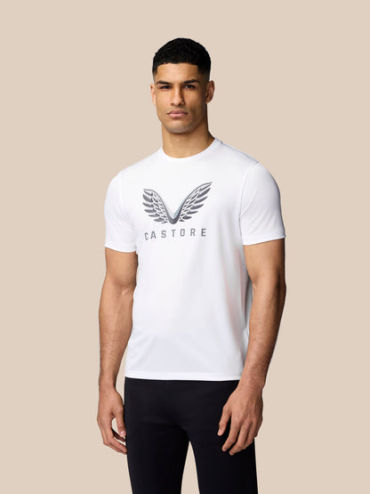 Model wearing white short sleeve graphic T shirt with Castore wings logo on chest
