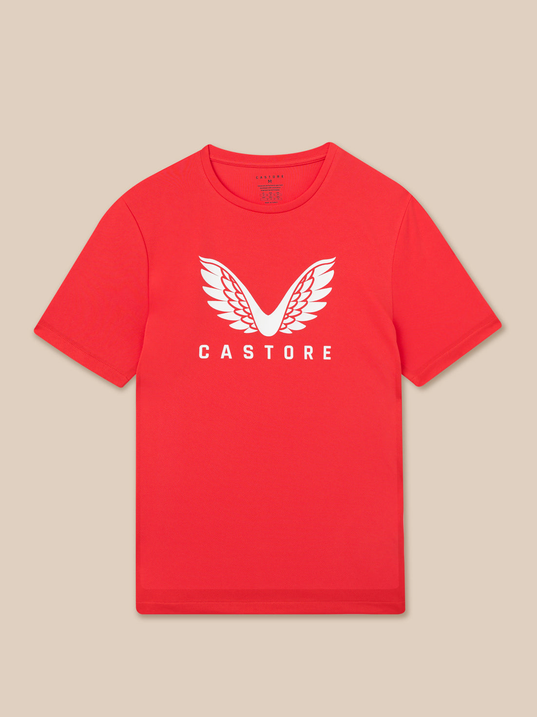 Front view of red T-shirt with white wing logo and CASTORE lettering