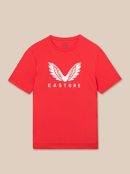 Front view of red T-shirt with white wing logo and CASTORE lettering