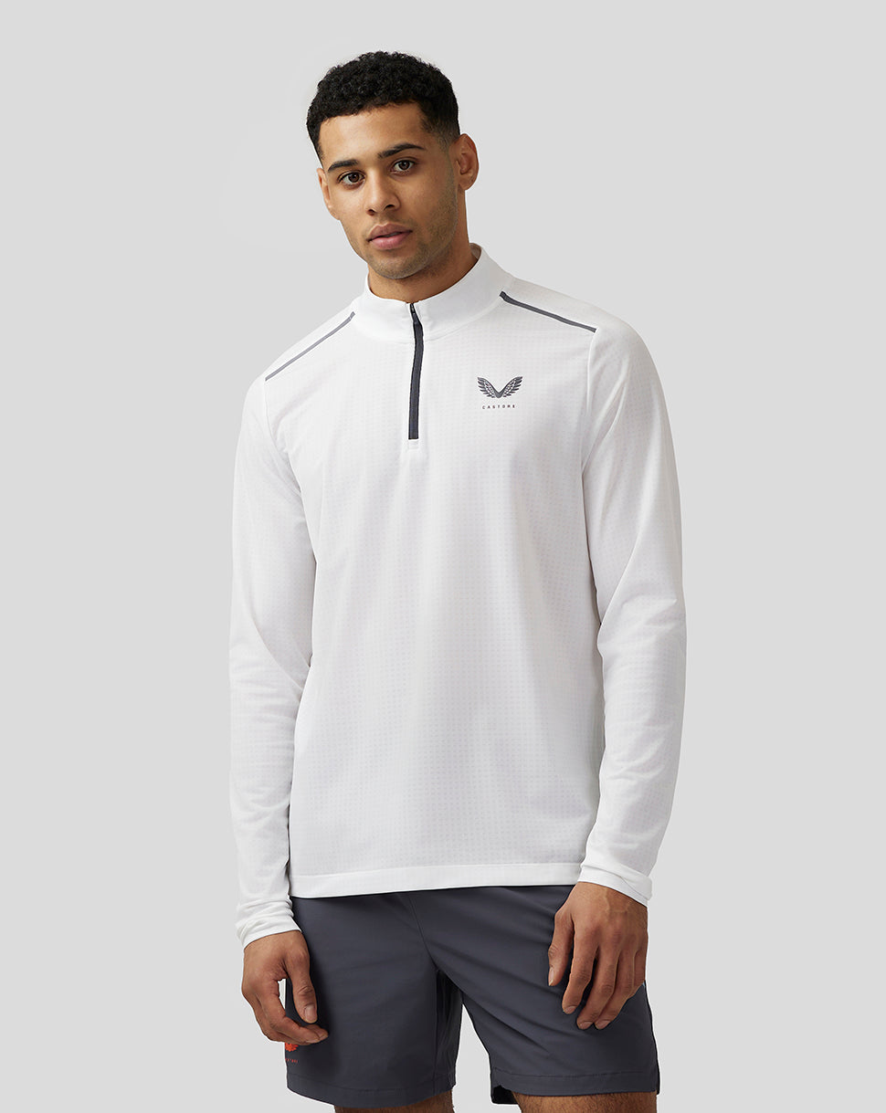 Male model wearing white Apex Training 1/4 Zip Top with stand collar and front zip
