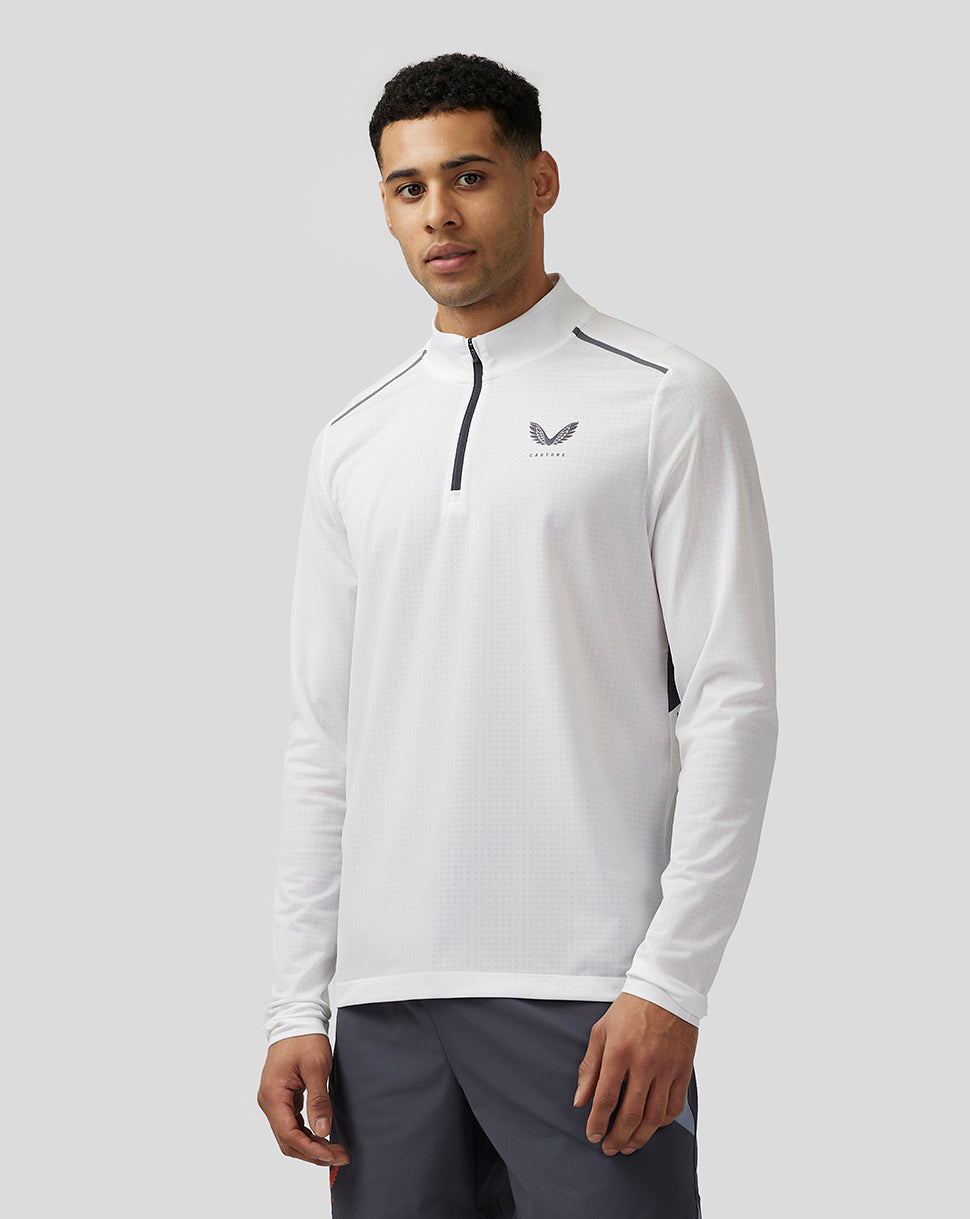 Model wearing white Apex Training 1/4 zip top with stand collar and chest branding