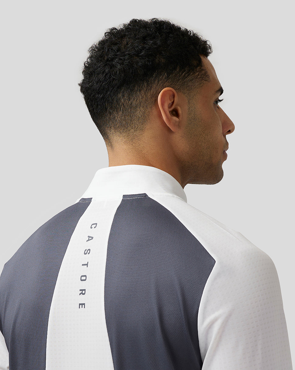 Close up of Aeromesh back panel on white Apex Training top showing breathable mesh