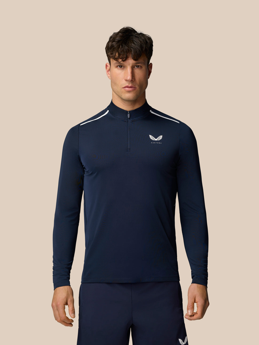 Male model wearing navy Apex Training 1/4 Zip Top with white shoulder stripes and chest logo