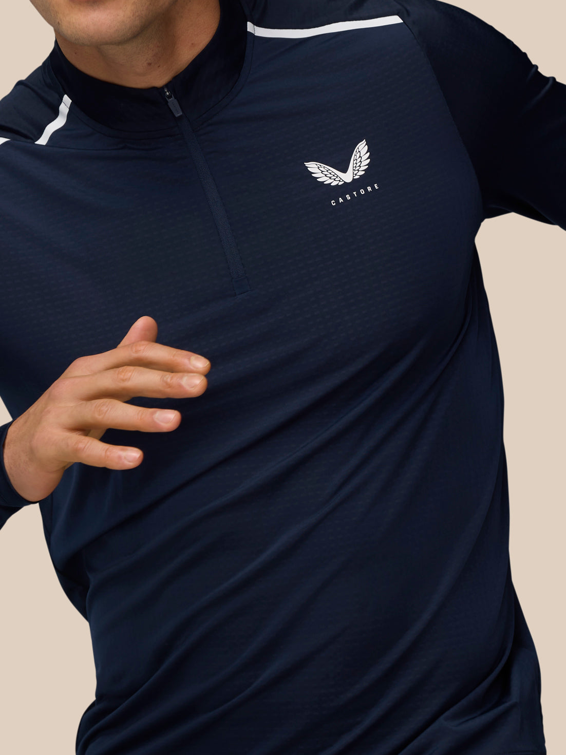 Midnight Navy Apex Training 1/4 Zip Top with a white shoulder stripe and Castore logo on the chest