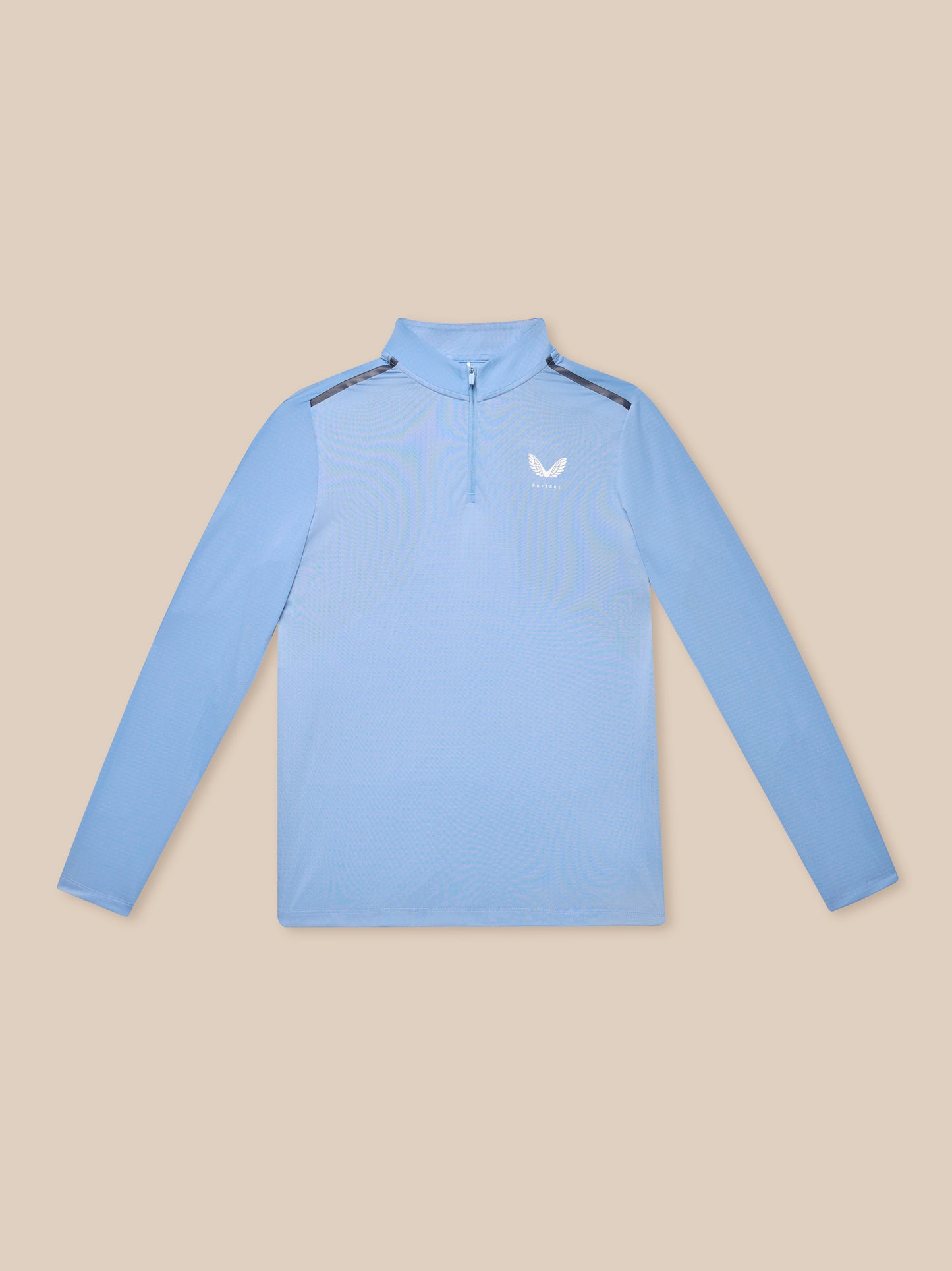 Close up of light blue Apex Training top showing left chest logo and partial center front zip