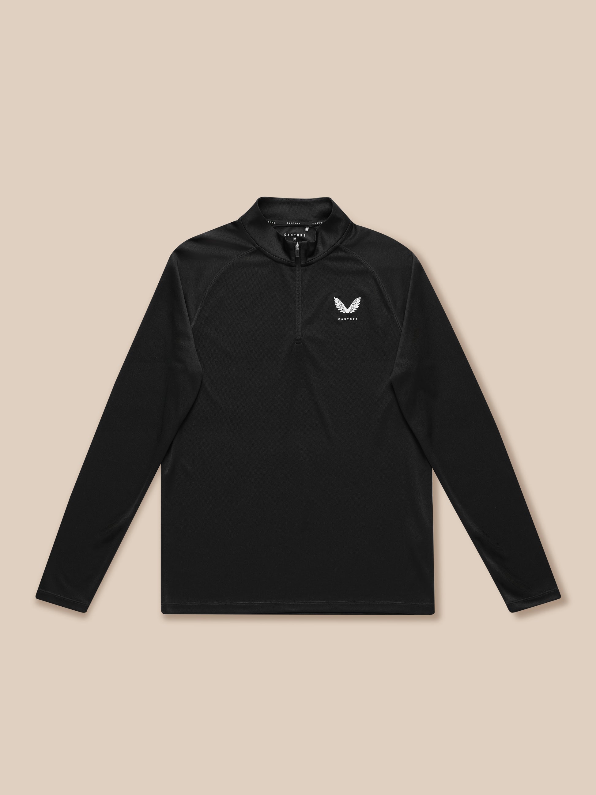 Close up of black Adapt Training 1/4 Zip Top showing chest logo and zip collar
