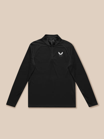 Close up of black Adapt Training 1/4 Zip Top showing chest logo and zip collar