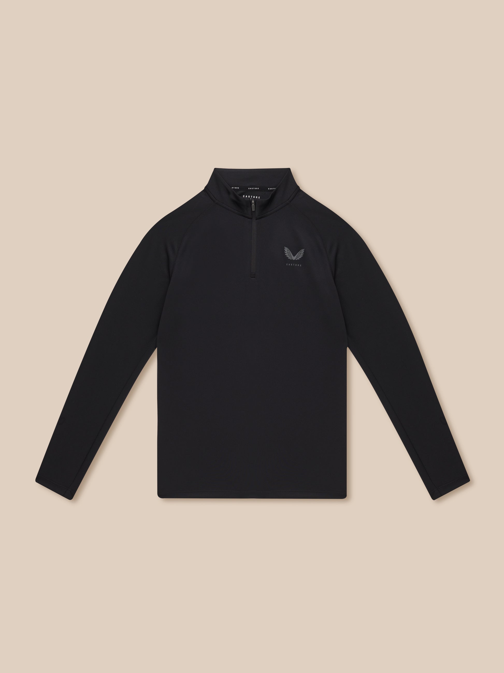 Front view of black Adapt Training 1/4 Zip Top showing center zip and chest logo