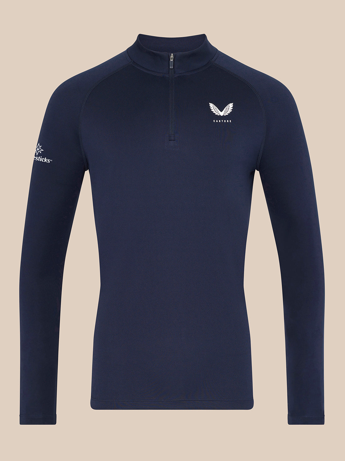 Man wearing navy Majesticks 1/4 Zip Top with stand collar and raglan sleeves, small Castore logo on chest.