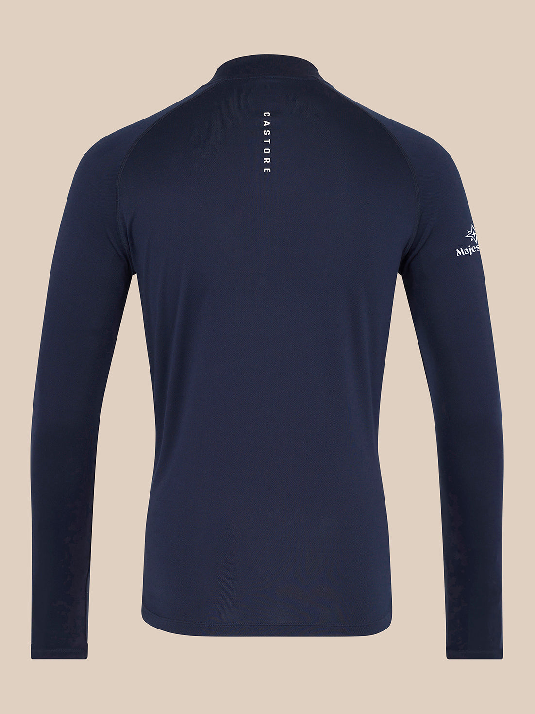 Back view of navy Majesticks 1/4 Zip Top displaying Castore branding down the back and Majesticks logo on the sleeve.