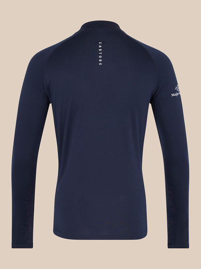 Back view of navy Majesticks 1/4 Zip Top displaying Castore branding down the back and Majesticks logo on the sleeve.