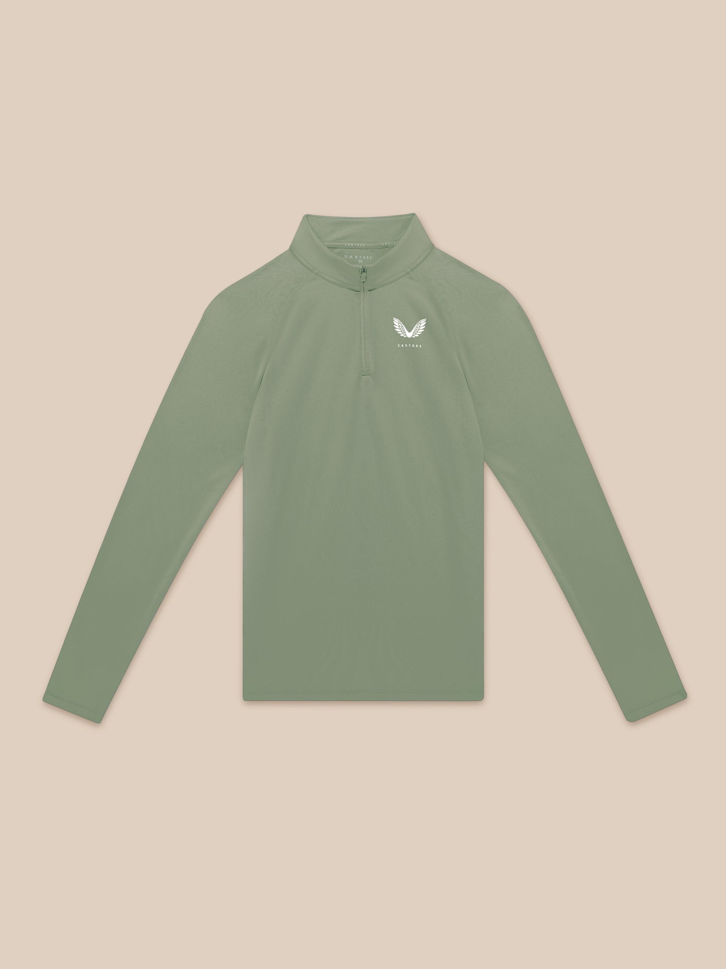 Flat lay of Thyme Mint Adapt Training 1/4 Zip top with front zip and chest logo