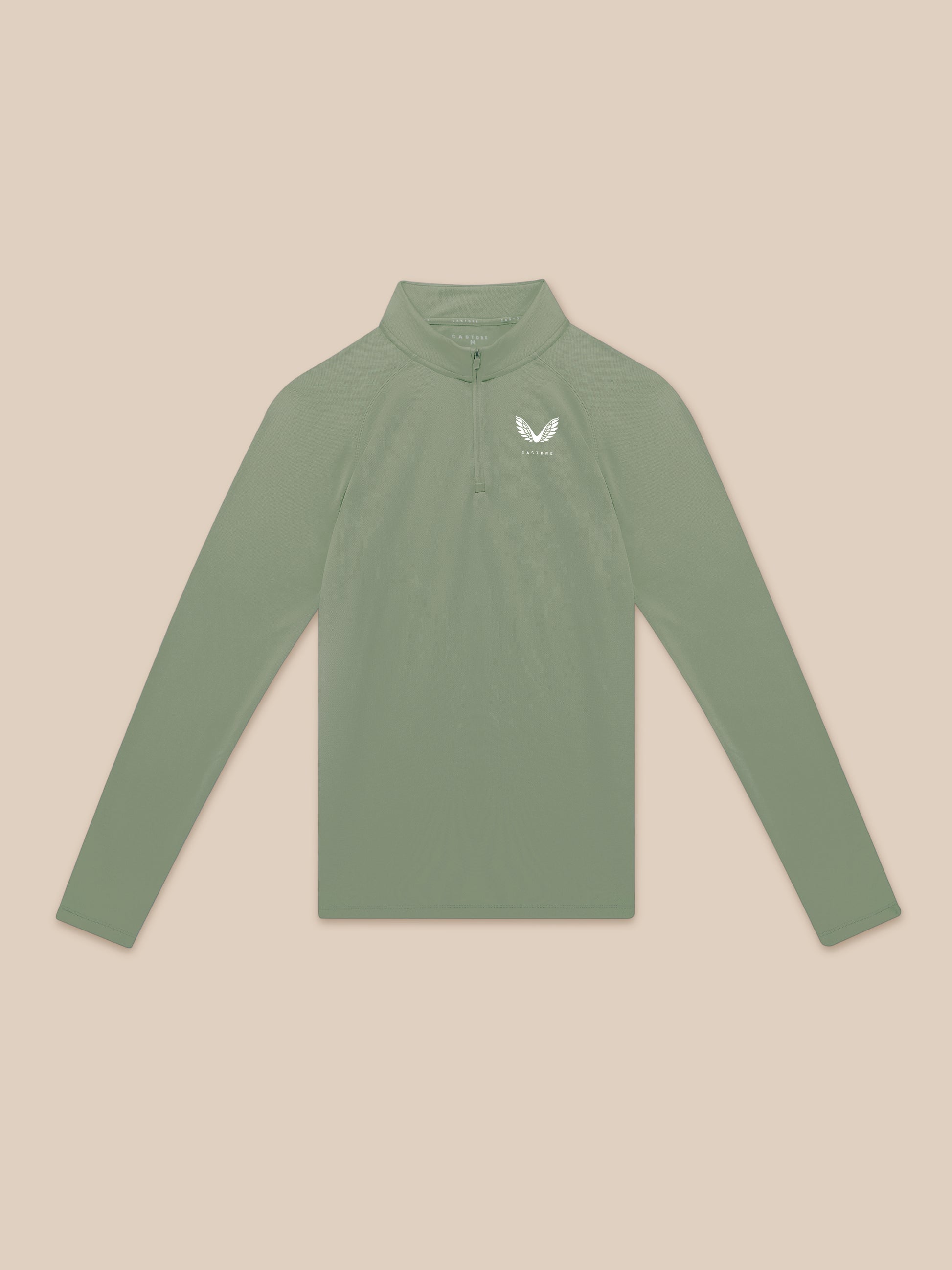 Flat lay of Thyme Mint Adapt Training 1/4 Zip top with front zip and chest logo