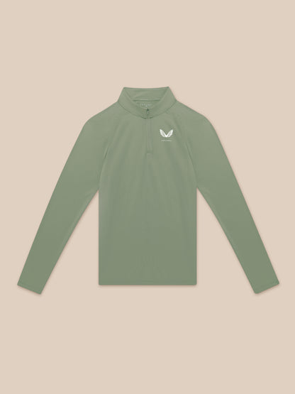 Flat lay of Thyme Mint Adapt Training 1/4 Zip top with front zip and chest logo