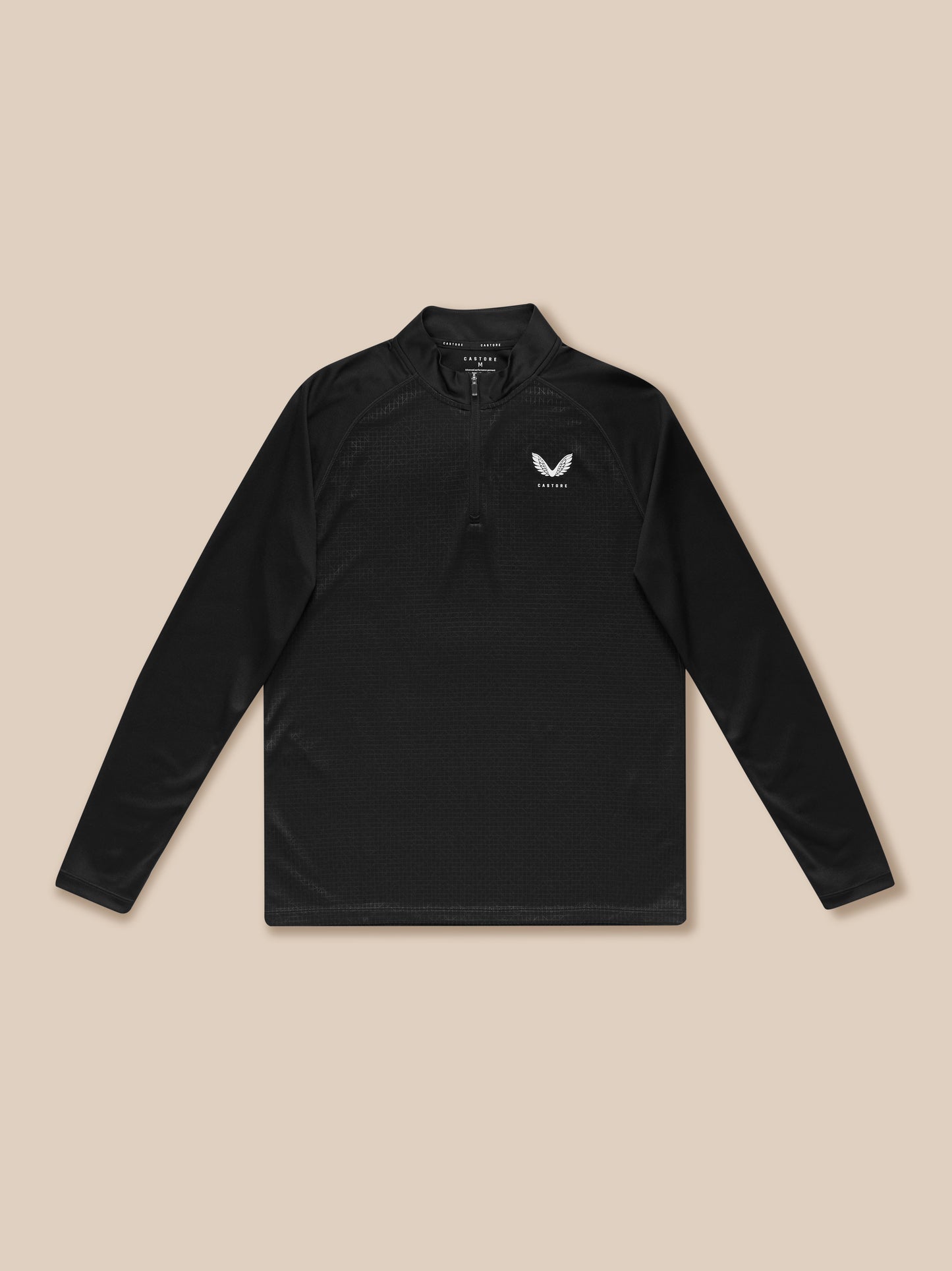 Close up of black Adapt Training 1/4 Zip Top highlighting quarter zip and mesh texture