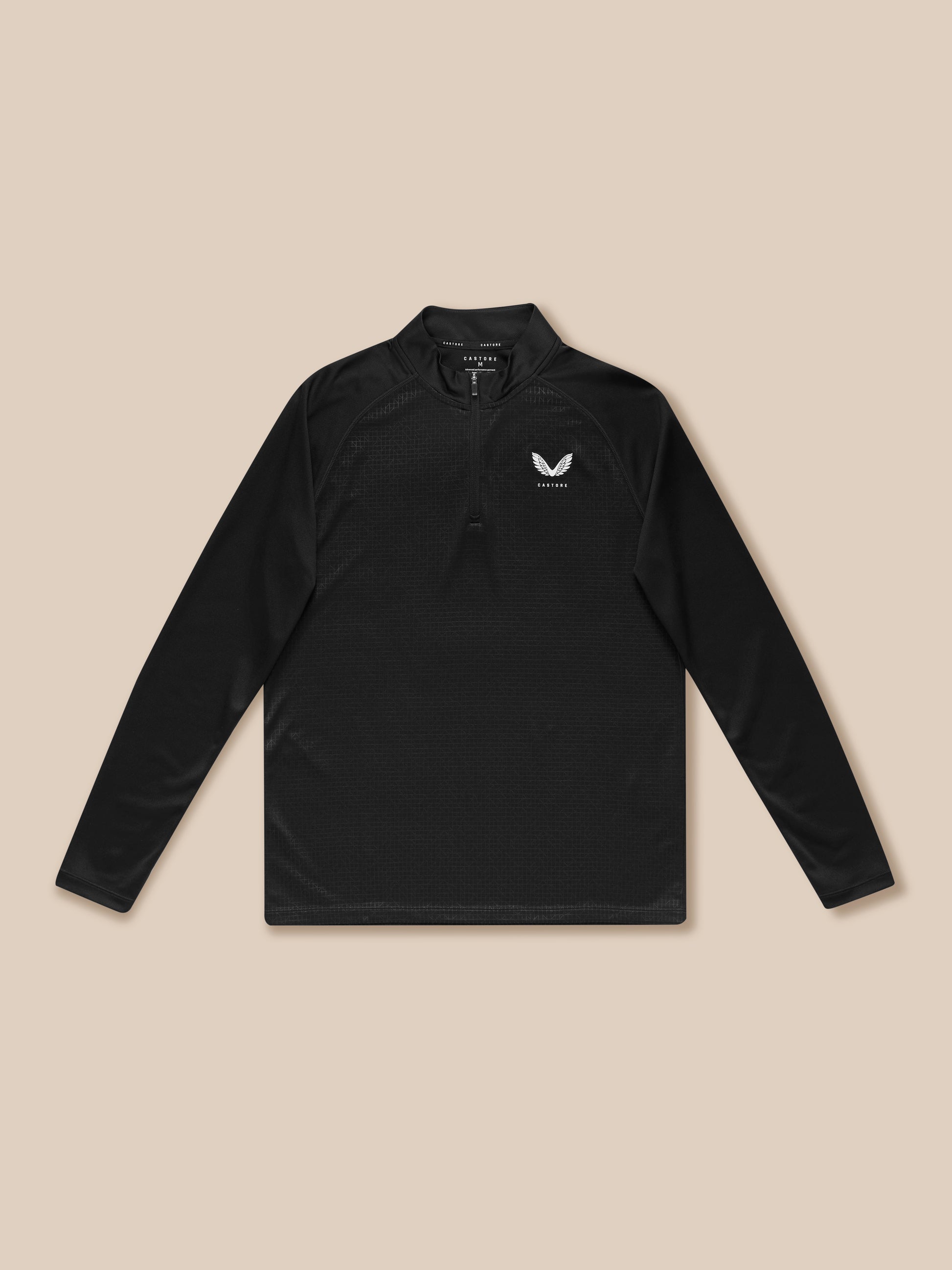 Close up of black Adapt Training 1/4 Zip Top highlighting quarter zip and mesh texture