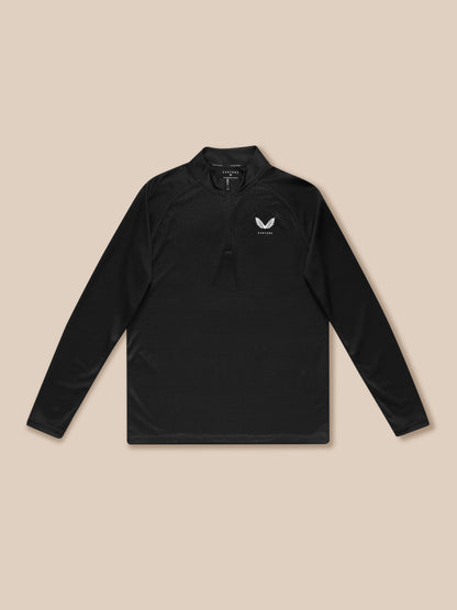 Close up of black Adapt Training 1/4 Zip Top highlighting quarter zip and mesh texture