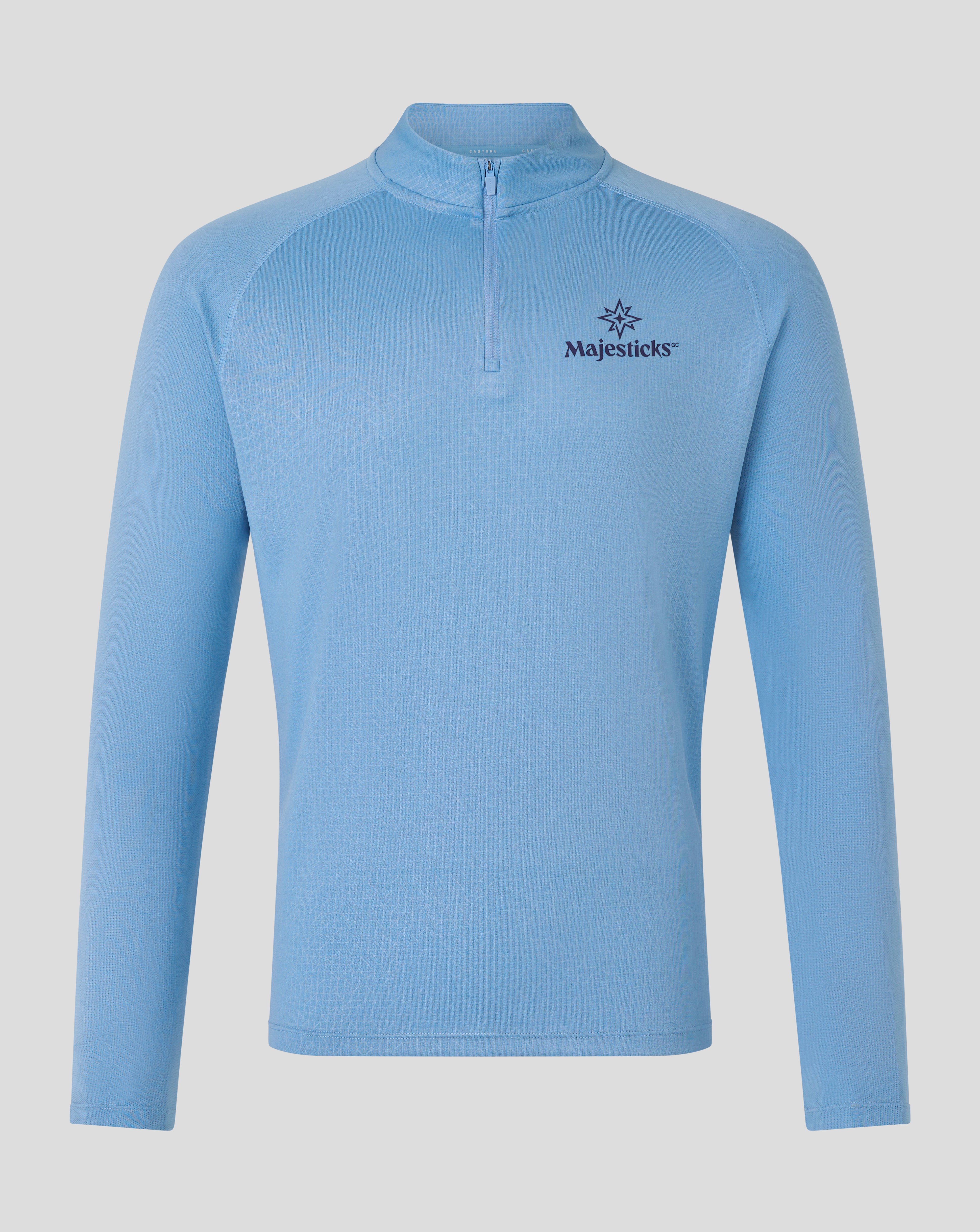 Majesticks GC Training 1/4 Zip Top in light blue front view with central zip and left chest logo and all over print
