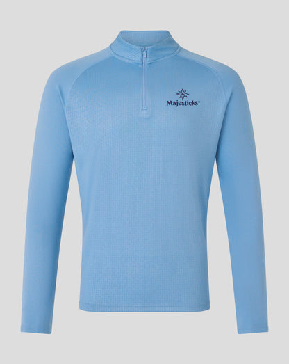 Majesticks GC Training 1/4 Zip Top in light blue front view with central zip and left chest logo and all over print
