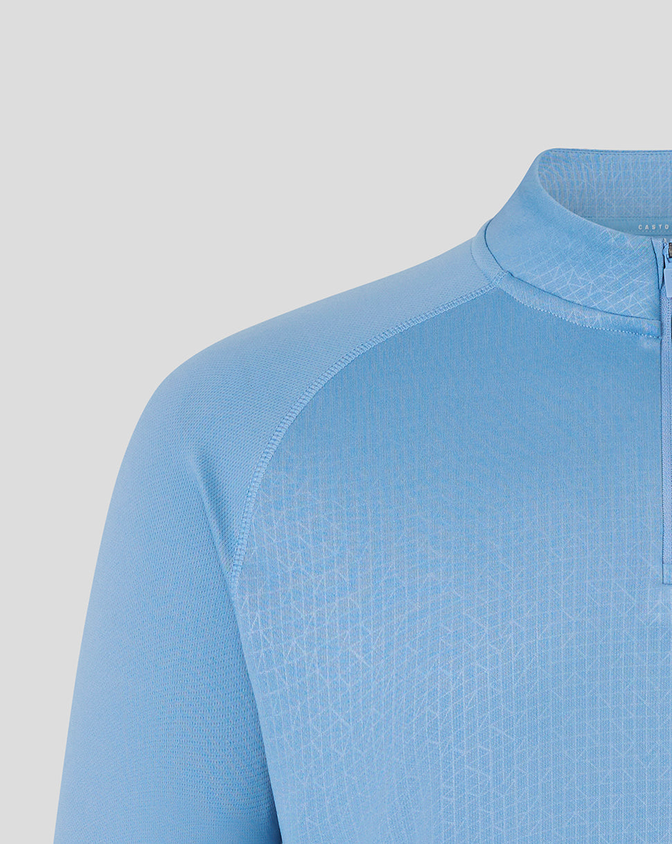 Shoulder and collar close up of Majesticks blue training top highlighting the textured fabric and seam details