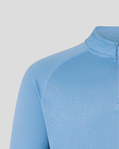 Shoulder and collar close up of Majesticks blue training top highlighting the textured fabric and seam details