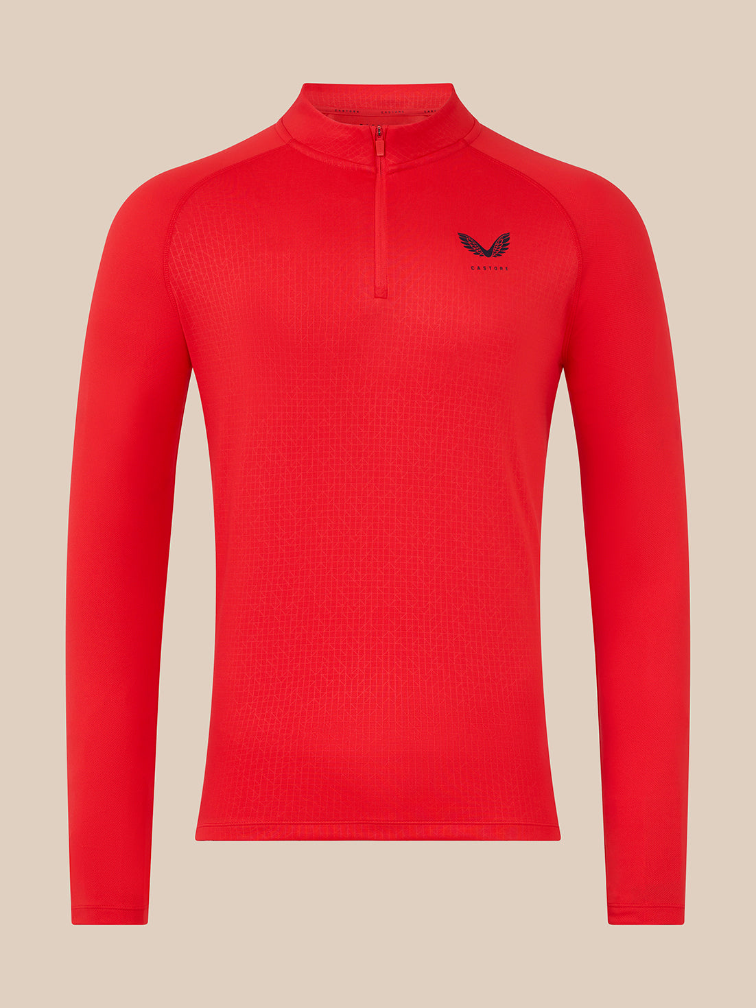 Front view of red Adapt Training 1/4 Zip top with center zipper and Castore logo on left chest