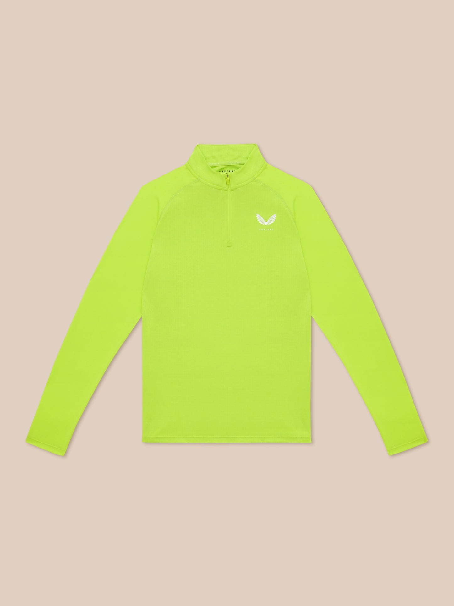Close up of neon lime Adapt Training long sleeve top showing the front zip and left chest logo