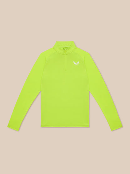 Close up of neon lime Adapt Training long sleeve top showing the front zip and left chest logo