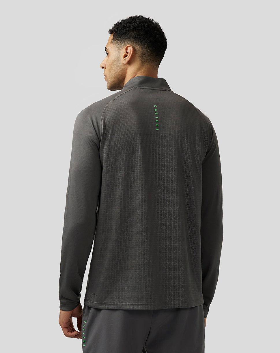 Back view of Men's Adapt Print 1/4 Zip Top in gunmetal gray with a geometric pattern and vertical green Castore branding down the center back