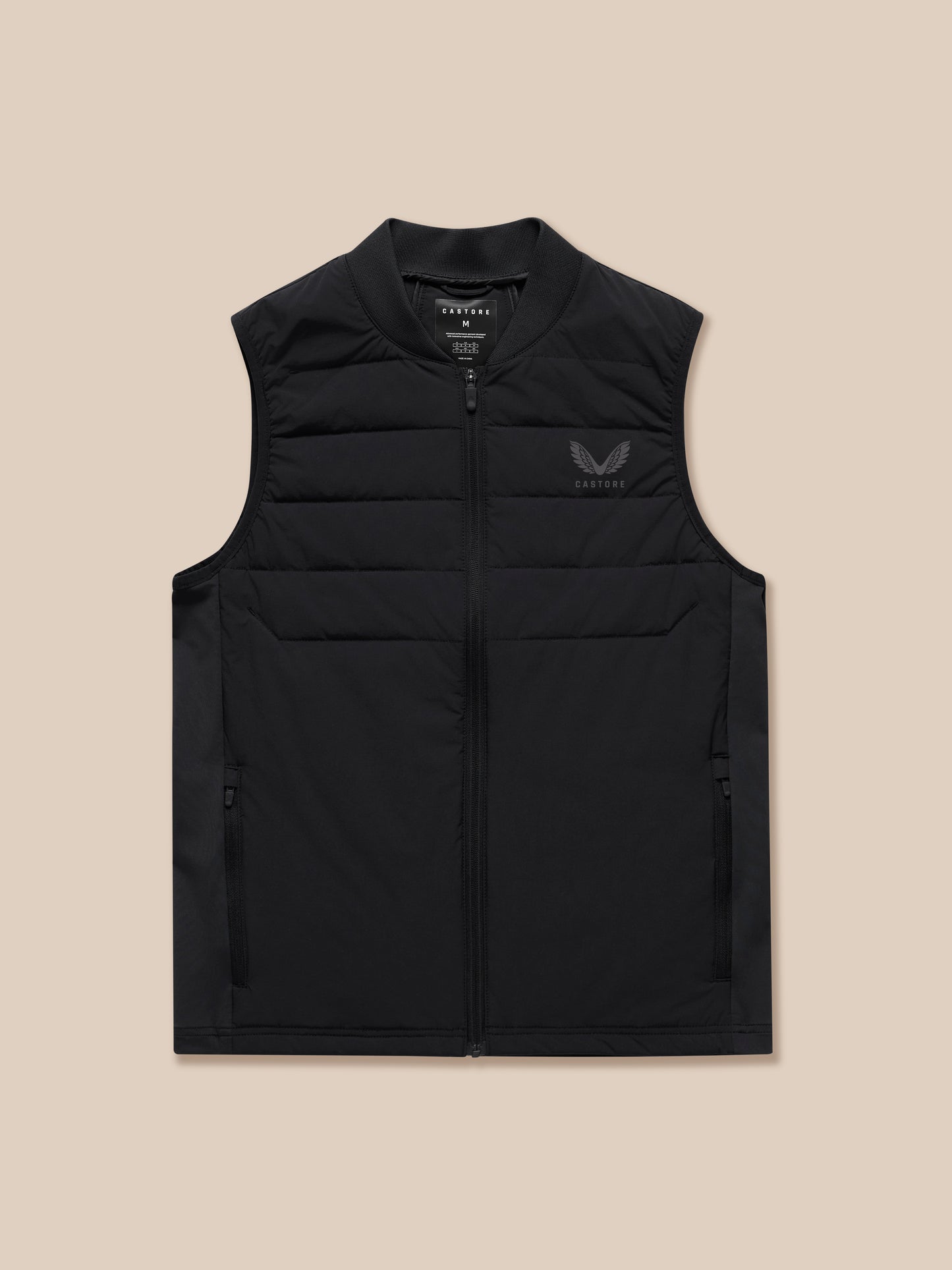 Black sleeveless quilted training gilet with zip front and ribbed collar Castore logo on chest