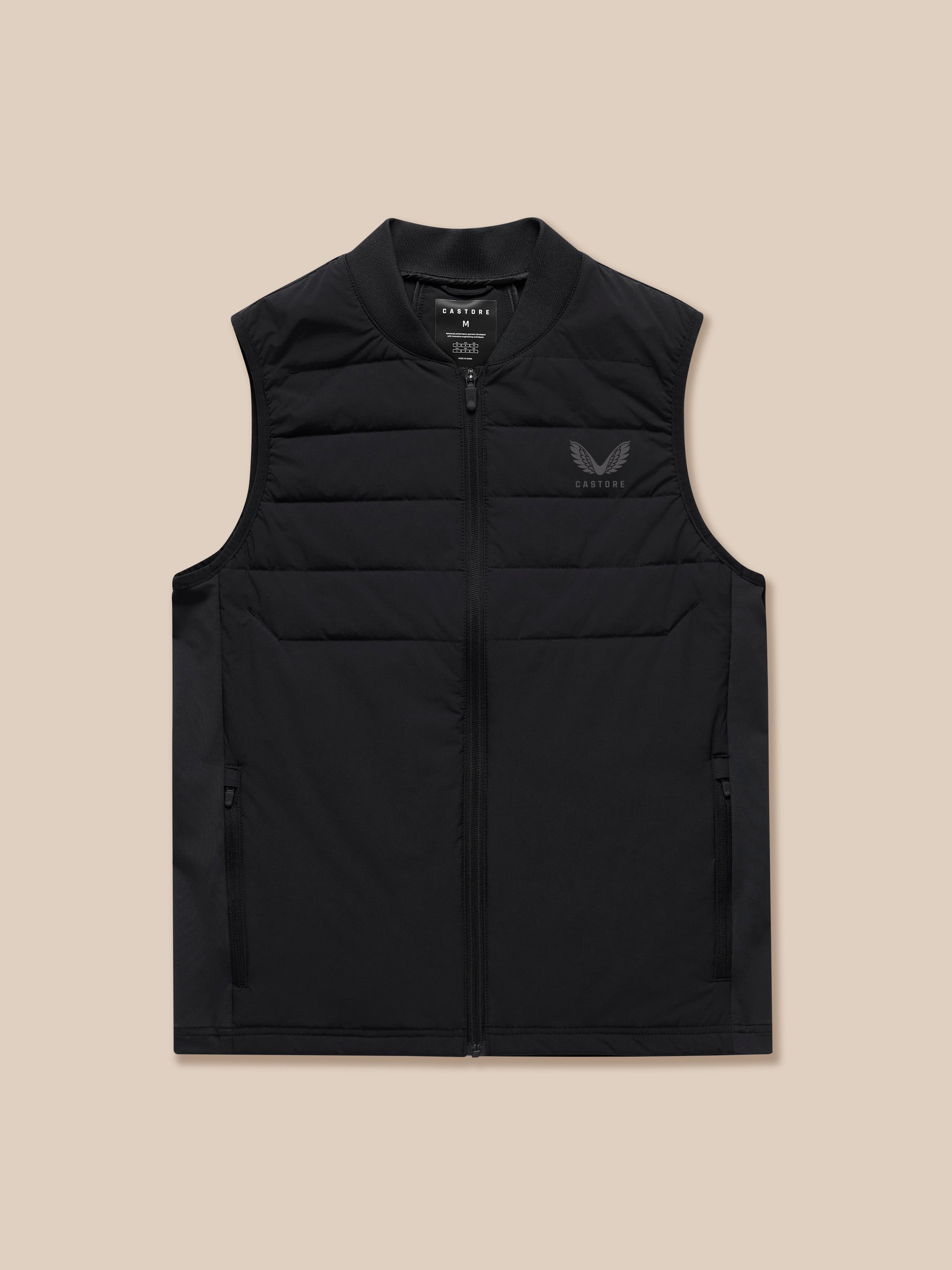 Black sleeveless quilted training gilet with zip front and ribbed collar Castore logo on chest