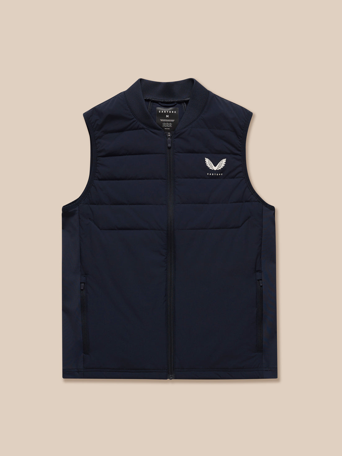 Navy Apex Training Gilet laid flat to show front zip and side pockets with Castore logo on the left chest