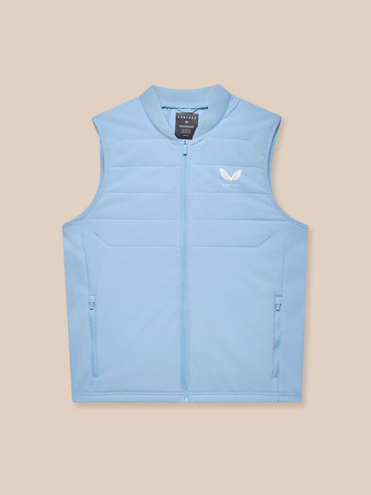 Close-up of sky blue Apex Training Gilet showing zipper and Castore logo on chest