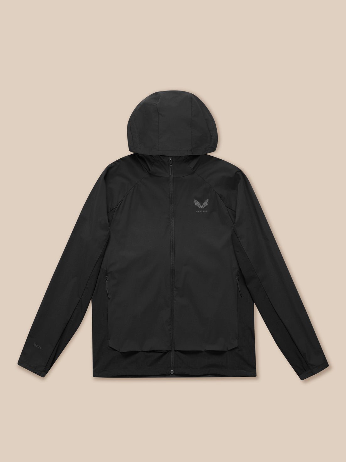 Front view of black Flex Hooded Jacket with hood, full front zipper and zip pockets, Castore logo on chest.