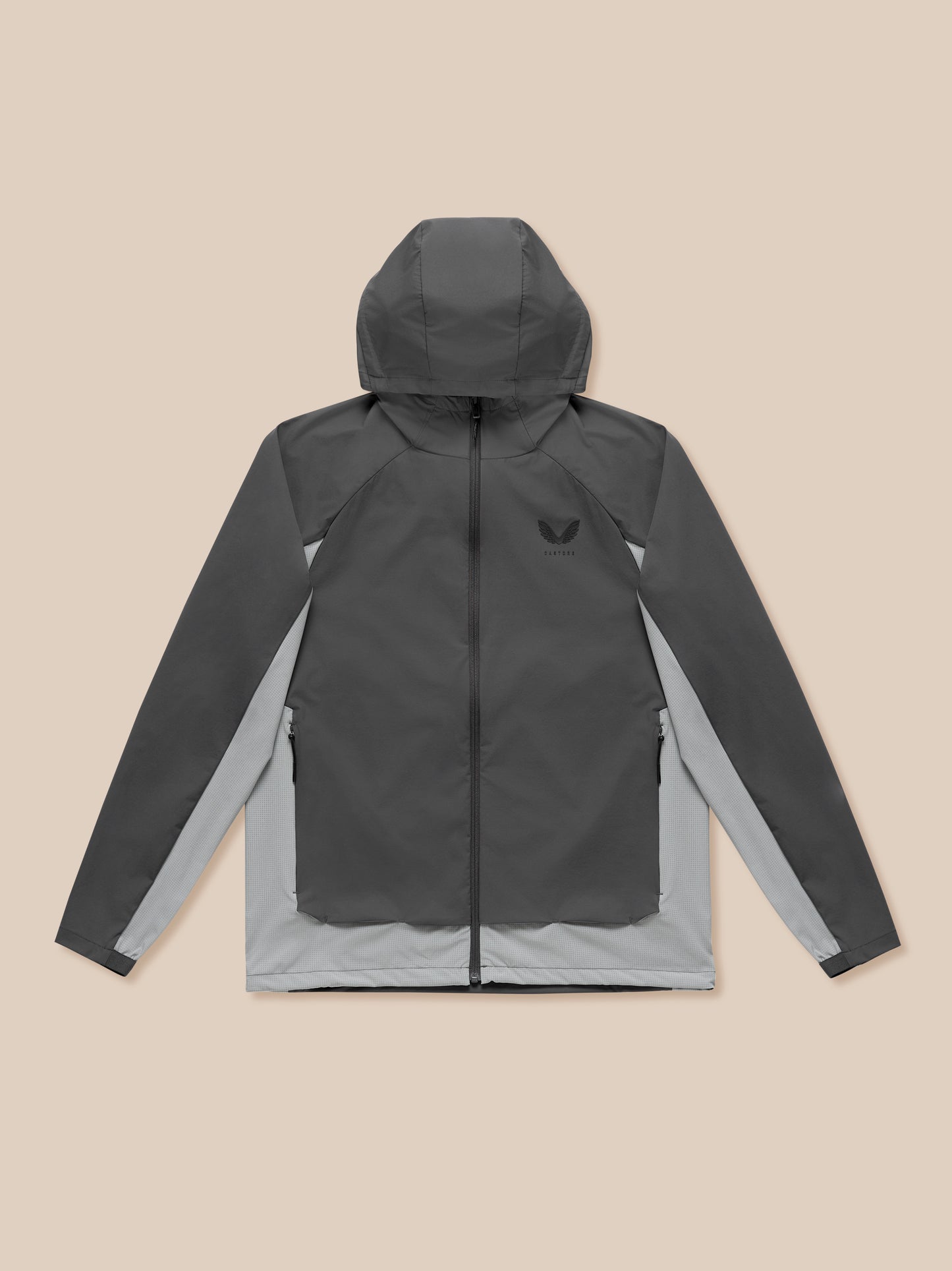Male model in grey Flex Hooded Jacket with front zip and contrasting side panels; hood up