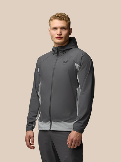Grey Flex Hooded Jacket with front zip and Castore branding on chest and upper back