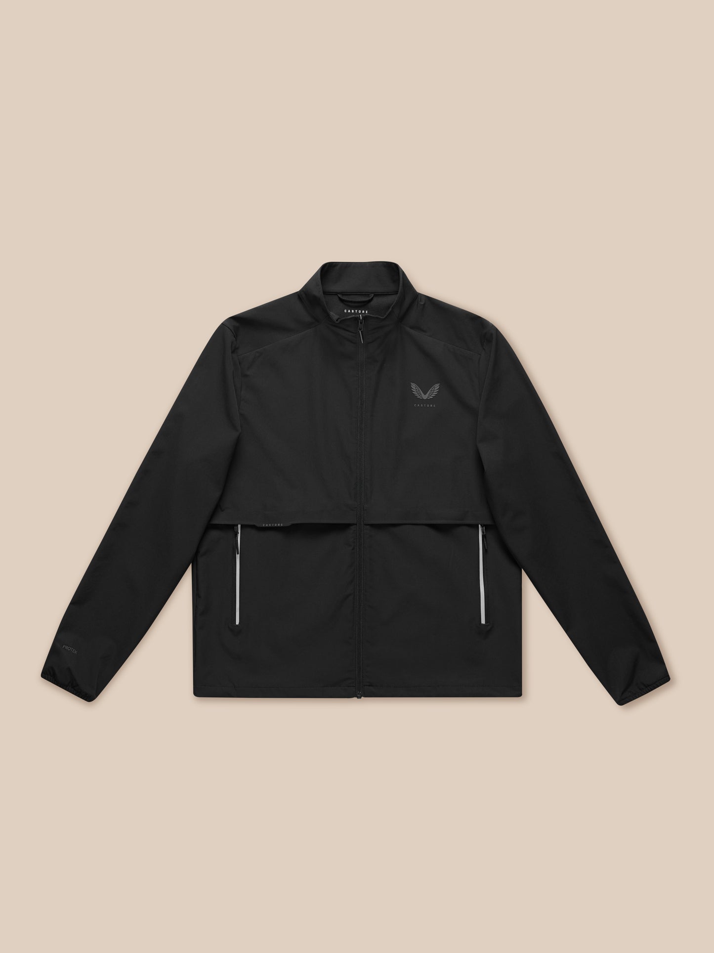 Close-up of black Flex Cargo Jacket upper chest with logo on left and zipper detail