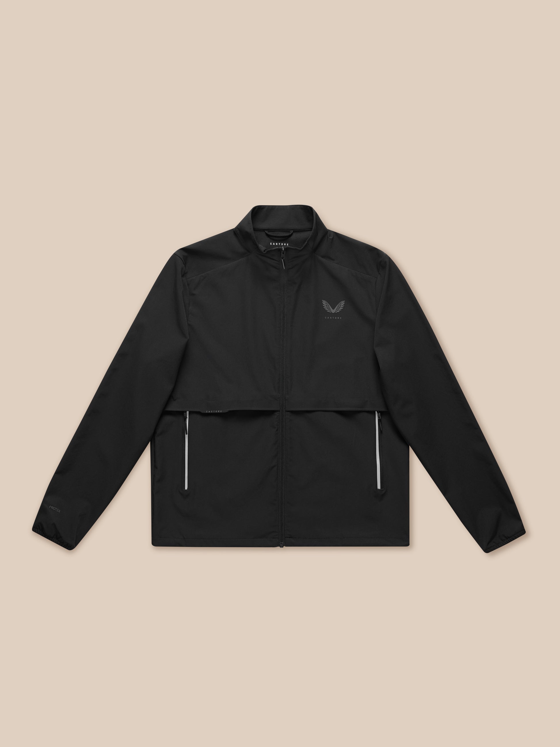 Close-up of black Flex Cargo Jacket upper chest with logo on left and zipper detail