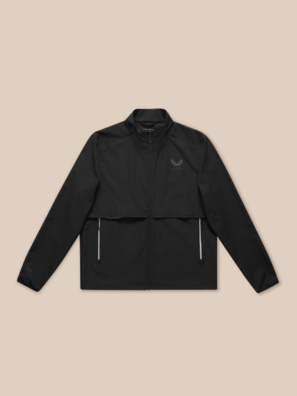 Close-up of black Flex Cargo Jacket upper chest with logo on left and zipper detail