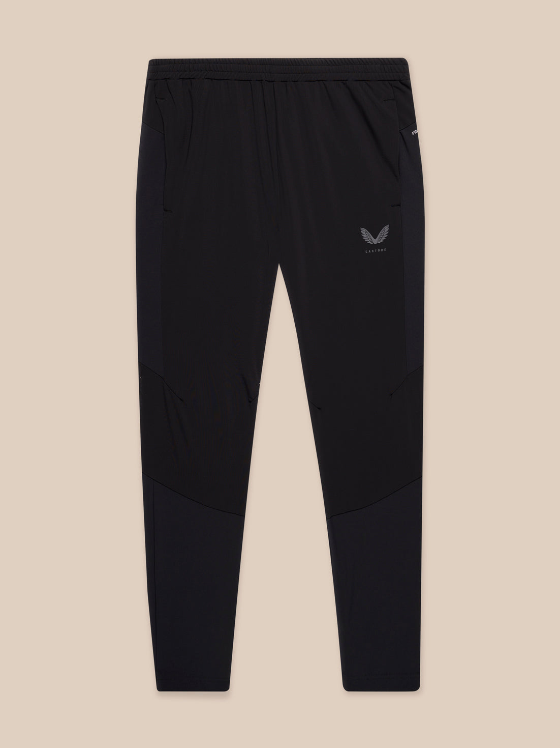 Flow Training Joggers in black with a paneled silhouette and the Castore logo on the left thigh.