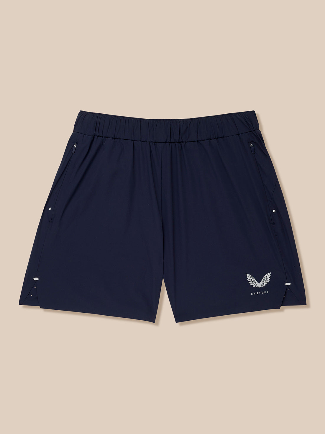 Zone Training Shorts in navy with elastic waistband concealed zipped side pockets and reflective Castore logo on the left thigh