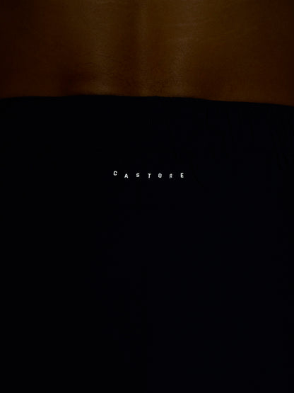 Close-up of navy shorts waistband showing white CASTORE branding.