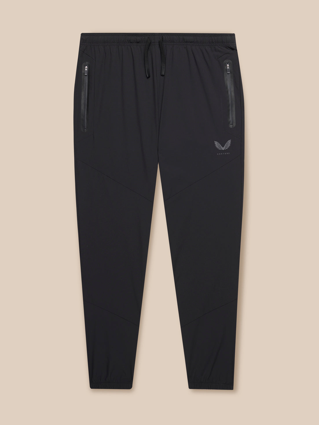 Black Flex Lightweight Joggers with water resistant zip pockets and left leg Castore branding
