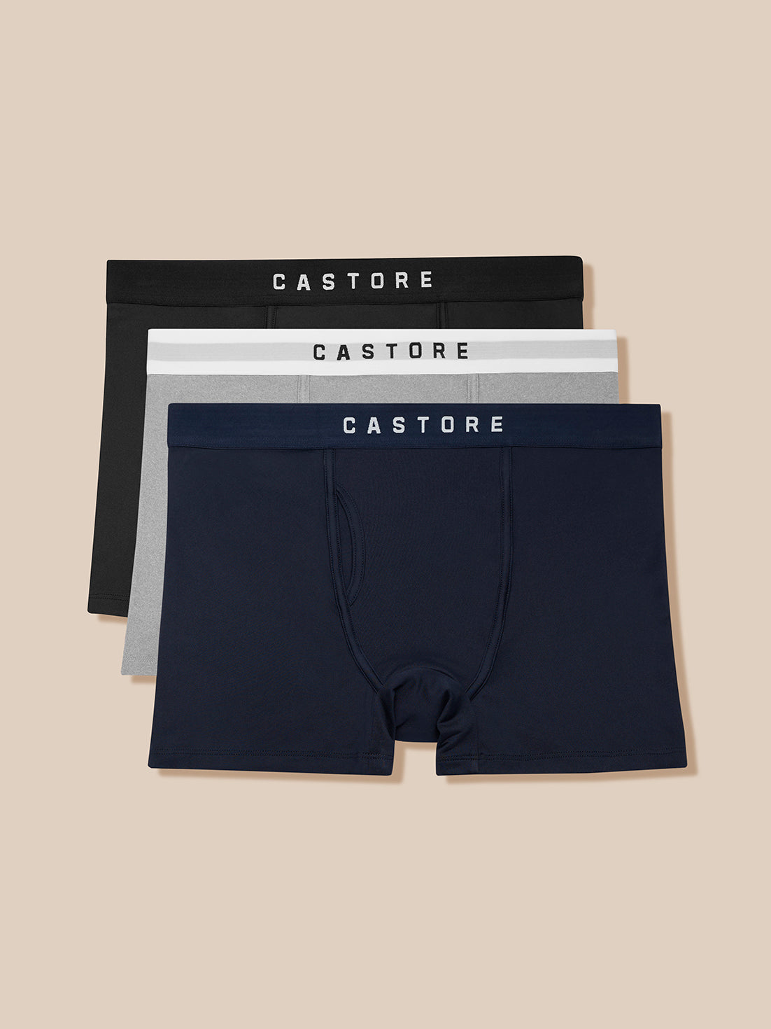 Three Pack Castore boxer shorts in black grey and navy with branded waistbands