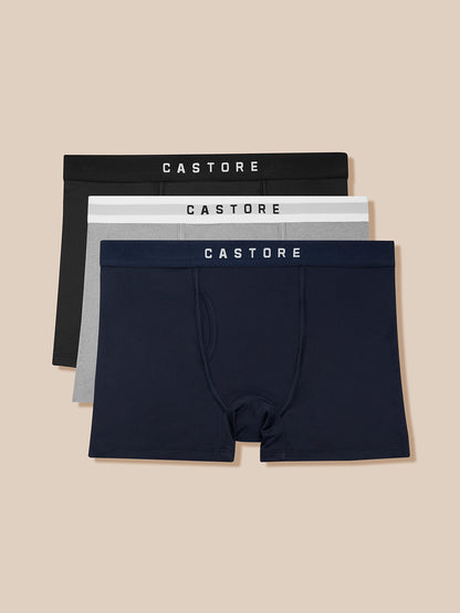 Three Pack Castore boxer shorts in black grey and navy with branded waistbands