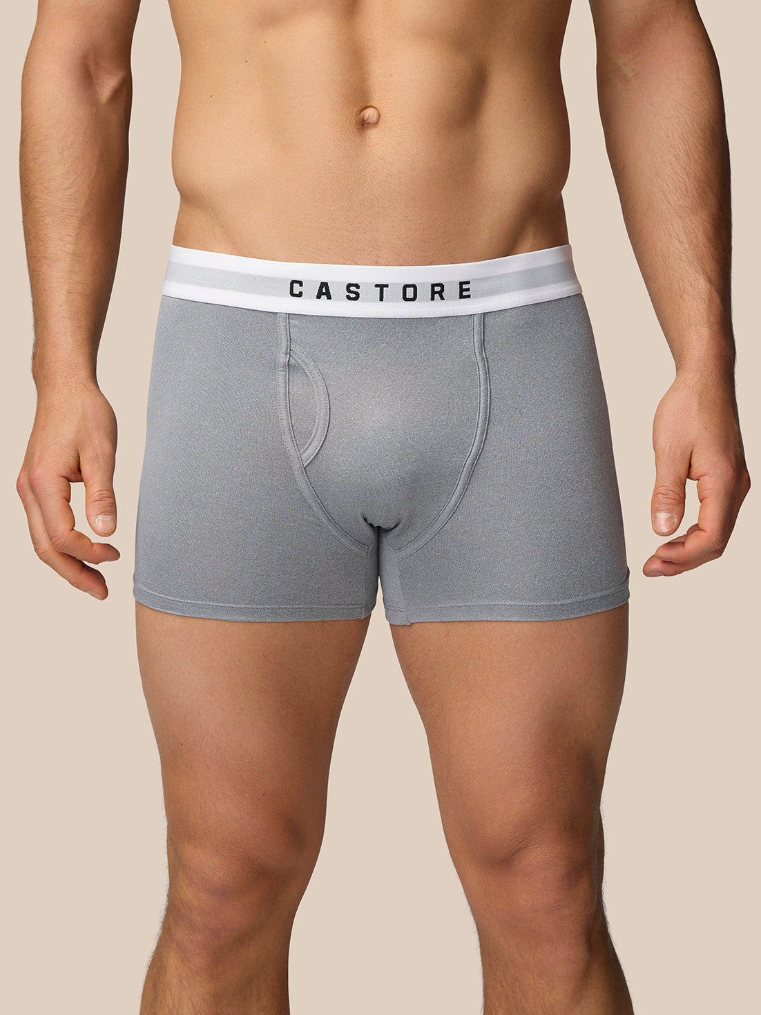 Front view of grey boxer shorts with a white CASTORE waistband