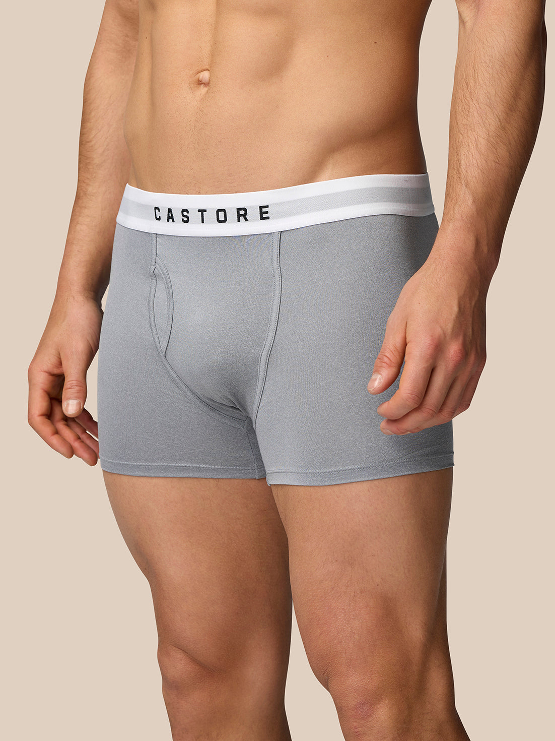 Rear view of grey boxer shorts highlighting the stretchy fabric and CASTORE waistband