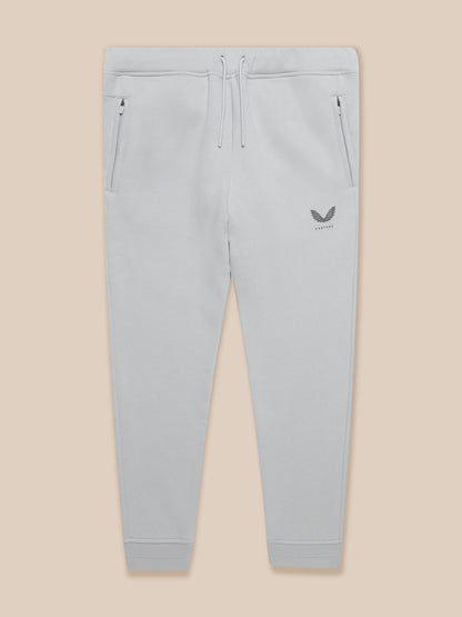 Front view of light grey Adapt Fleece joggers with drawstring waistband and logo on the thigh.