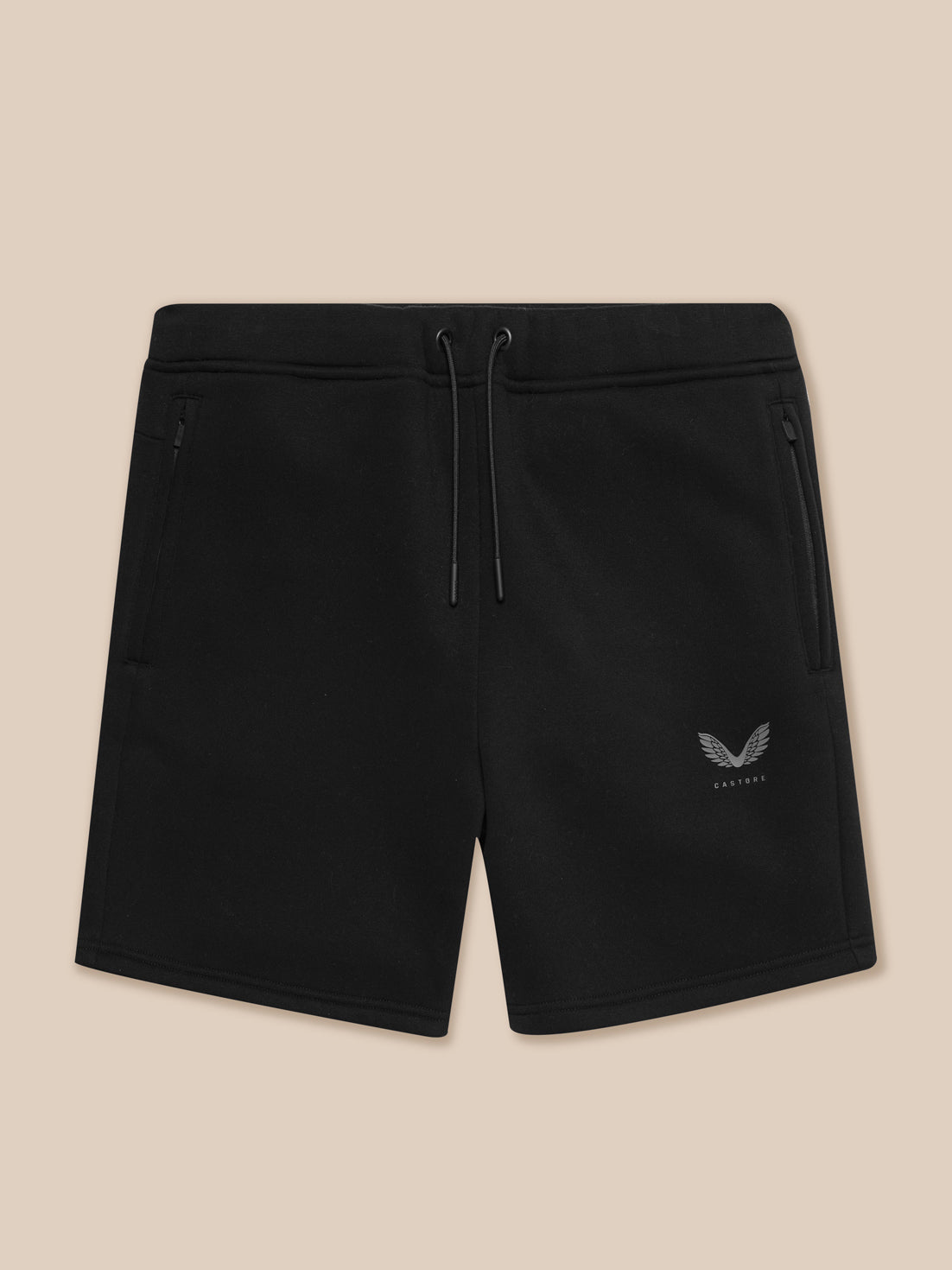 Front view of black Adapt Fleece Jogger Shorts with side zip pocket and Castore logo.