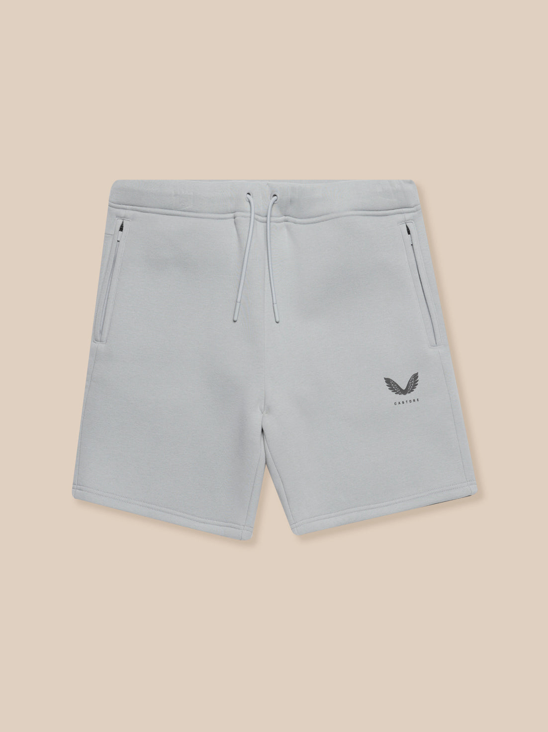 Front view of Adapt Fleece Jogger Shorts in grey with zip pockets and a Castore logo on the thigh